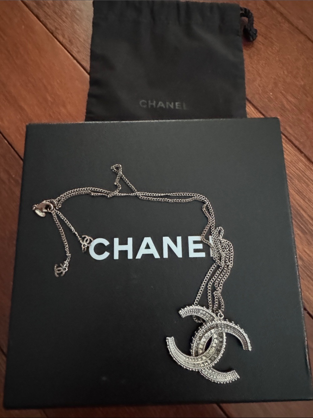 CHANEL Silver-Tone Crystal Double CC Pendant Necklace
